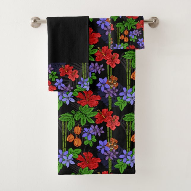Jamaica Flowers and Ackee Fruit Tropical Black Bath Towel Set (Insitu)