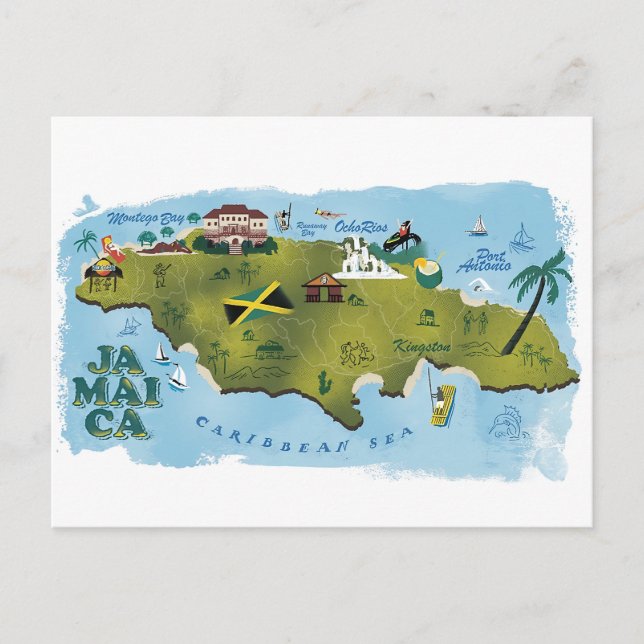 Jamaica Illustrated Map Postcard (Front)
