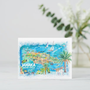Jamaica Illustrated Travel Map with Roads Holiday Postcard