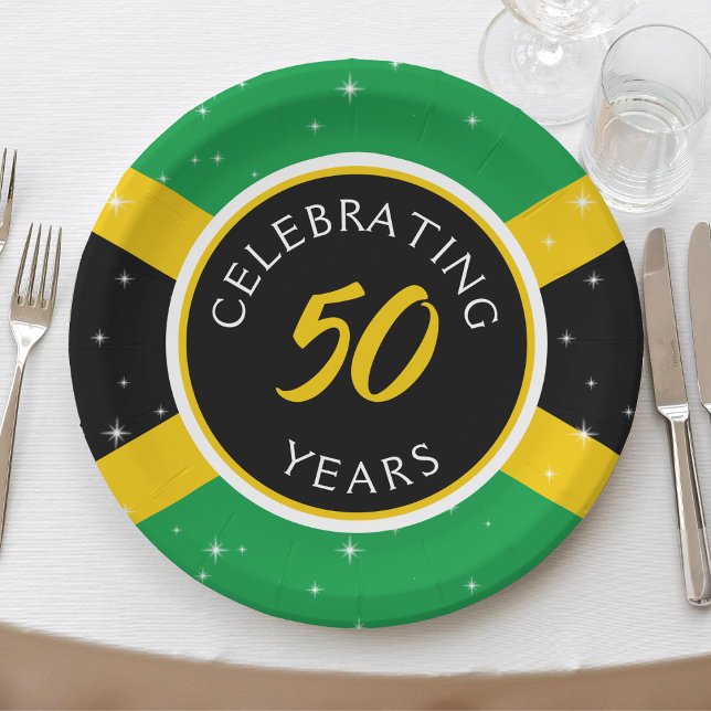 Jamaica Jamaican Flag 50 Year Birthday Anniversary Paper Plate (jamaica 50th birthday party paper plates)