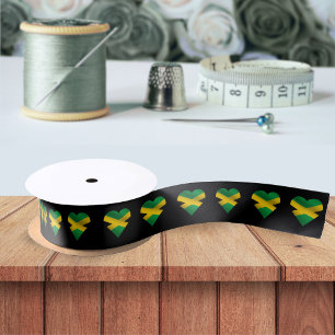 Jamaica Jamaican Flag Heart Pattern Black Satin Ribbon