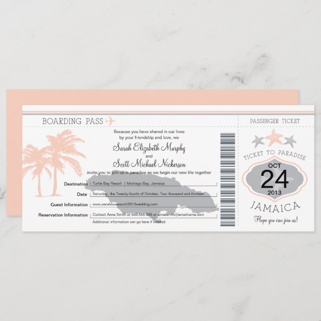 Jamaica Peach Grey Boarding Pass Wedding Invitation (Front/Back)