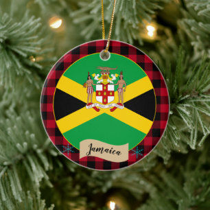 Jamaica, Red buffalo plaid & Jamaican Flag Ceramic Ornament