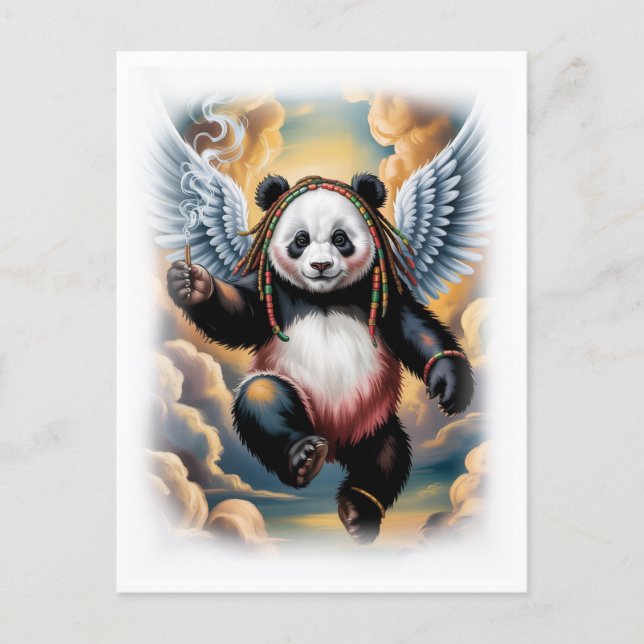 Jamaican Angel Panda in the sky on a White Holiday Postcard (Front)