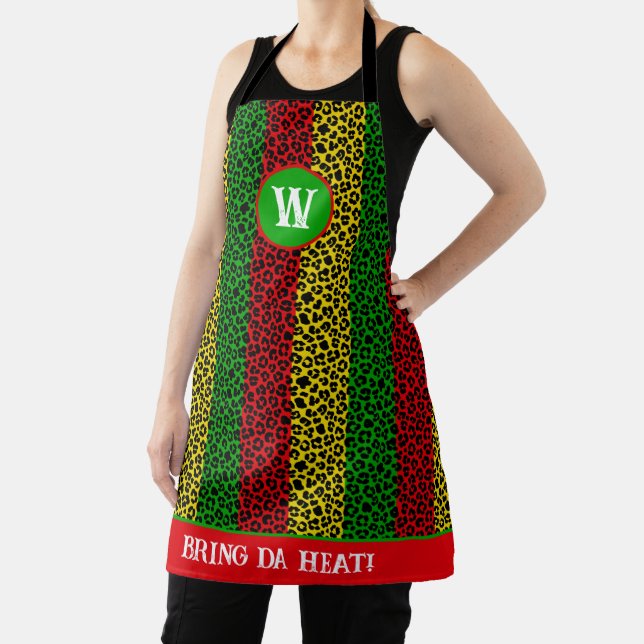 Jamaican Chef Rasta Striped Leopard Print Apron (Insitu)