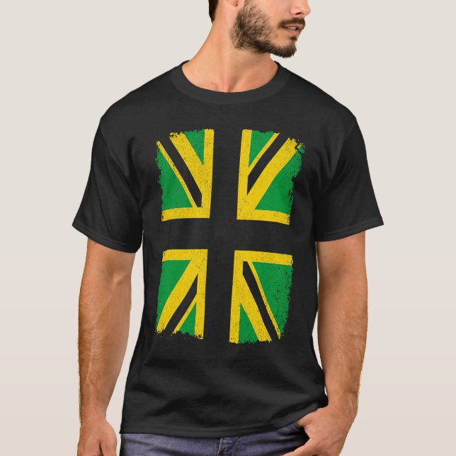 Jamaican flag colours on British Union Jack  Jamai T-Shirt (Front)