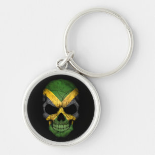 Jamaican Flag Skull on Black Key Ring