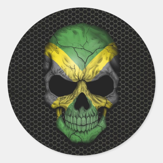 Jamaican Flag Skull on Steel Mesh Graphic Classic Round Sticker (Front)