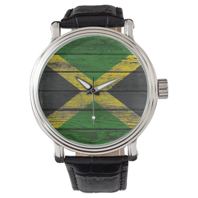 Jamaican Flag with Rough Wood Grain Effect Watch (Front)