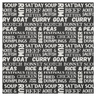 Jamaican Food Typographic Black and White Pattern Fabric