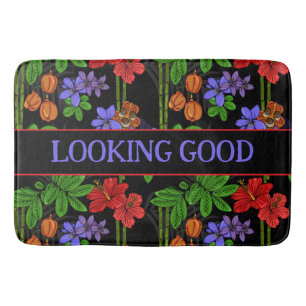 Jamaican Jungle Tropical Flowers and Fruit Black Bath Mat