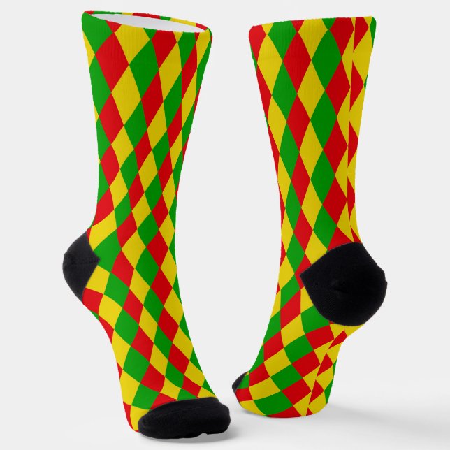 Jamaican Rasta Flag Coloured Diamonds Patterned Socks (Angled)