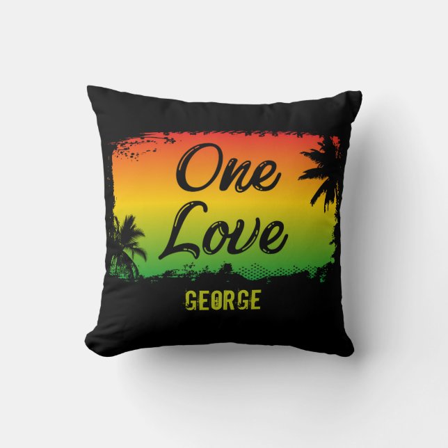 Jamaican Rasta Flag Coloured One Love Tropical Cushion (Front)