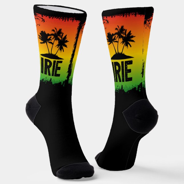 Jamaican Rastafarian IRIE Palm Trees Black Socks (Angled)