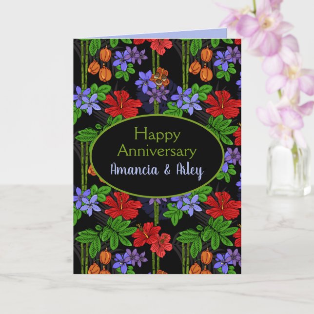 Jamaican Tropical Palms and Flowers Anniversary Card (Orchid)