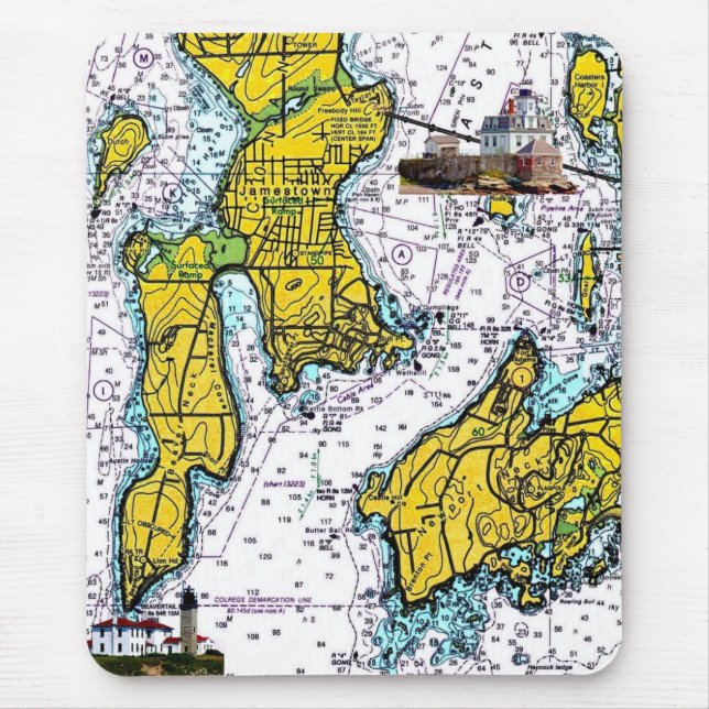 Jamestown RI Nautical Chart with Lighthouses Mouse Pad (Front)