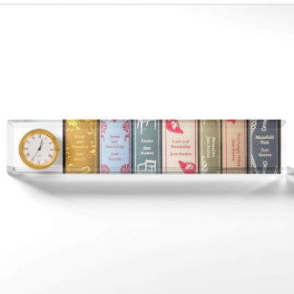 Jane Austen books and clock desk plate
