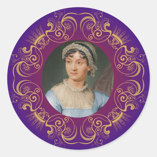 Jane Austen Colour Portrait in Gold Swirl Frame Classic Round Sticker (Front)