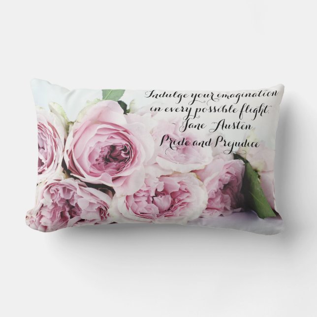 Jane Austen Pride & Prejudice Book Quote Pink Rose Lumbar Cushion (Front)