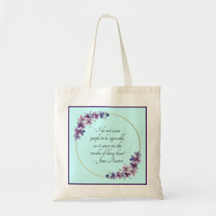 Jane Austen Quote with Purple Floral Gold Frame Tote Bag