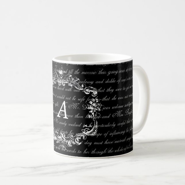 Jane Austen Text Black and White Monogram Mug (Front Right)