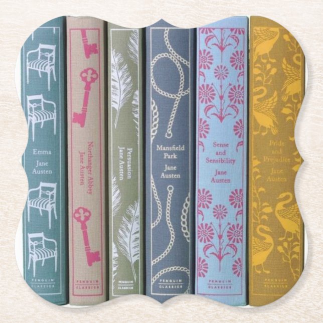 Jane Austen's novels on a paper coaster (Front)