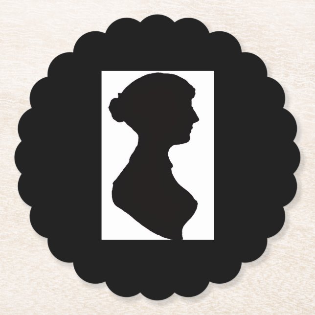 Jane Austen's Silhouette on Black Paper Coaster (Front)