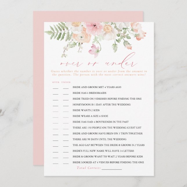 JANE Blush Floral Over or Under Bridal Game Card (Front/Back)