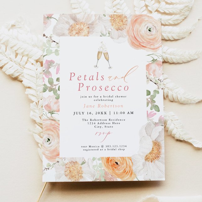 JANE Blush Floral Petals & Prosecco Bridal Shower Invitation (Creator Uploaded)