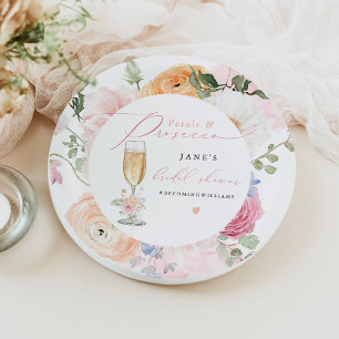JANE Blush Floral Petals & Prosecco Bridal Shower Paper Plate