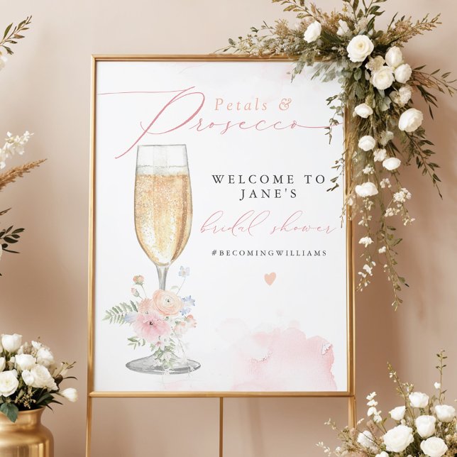 JANE Blush Floral Petals & Prosecco Bridal Shower Poster (Creator Uploaded)