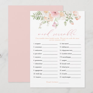 JANE Blush Pink Floral Bridal Word Scramble Game Invitation