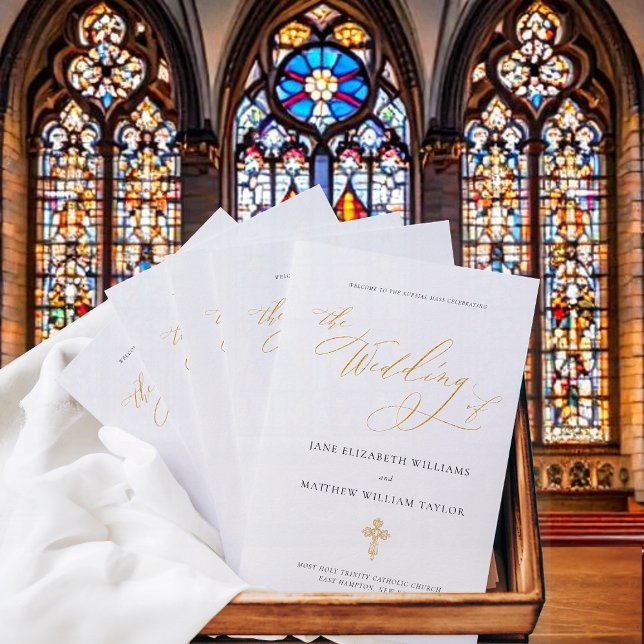 Jane Gold Full Mass Catholic Wedding Program (Simple Catholic wedding program for full mass with  elegant gold, calligraphy script and cross)