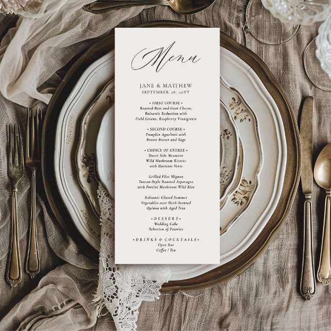 Jane Simple Modern Elegant Black Script Wedding Menu (This elegant wedding dinner menu features a handwritten calligraphy script font)