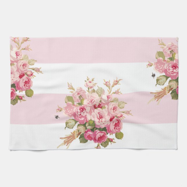Jane's Rose Bouquet peony stripe kitchen towel (Horizontal)