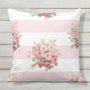 Jane's Rose Bouquet peony stripe outdoor pillow