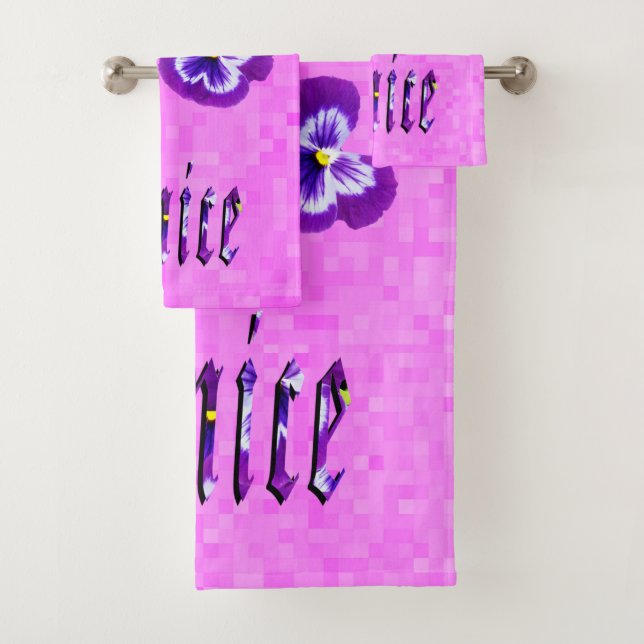 Janice Name With Purple Pansies, Bath Towel Set (Insitu)
