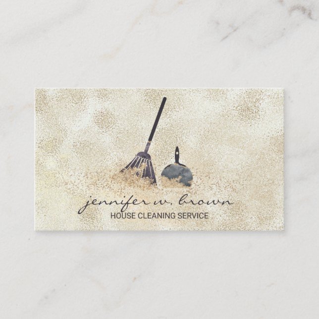 Janitorial Cleaning Gold Sparkle Maid Lady Beige Business Card (Front)