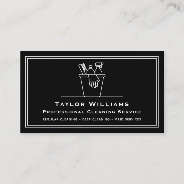 Janitorial House Cleaning Services Black And White Business Card (Front)