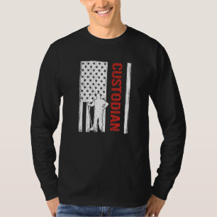 Janitorial janitor caretaker USA Flag with mopping T-Shirt