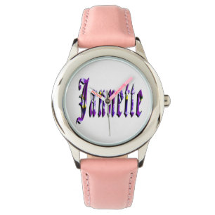 Jannette, Name, Logo, Girls Pink Leather Watch. Watch