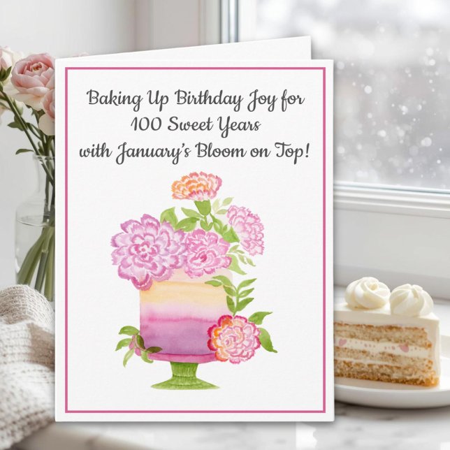 January 100th Birthday Cake Purple Carnations Card (Creator Uploaded)