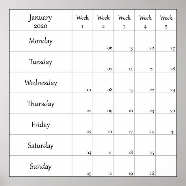 january 2020 planner calendar with week number poster (Front)