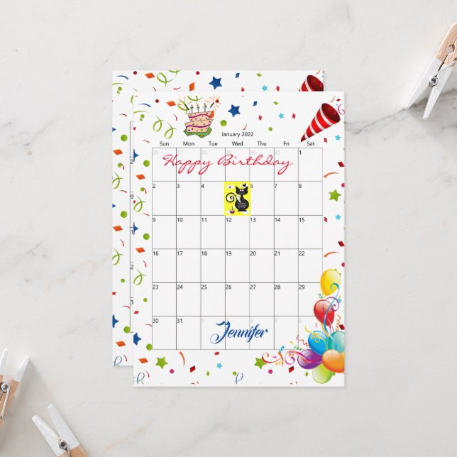 January 2022 Calendar Happy Birthday Invitation  (Front/Back In Situ)