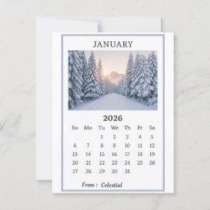 January 2026 Snowy Mountain Calendar Page  Postcard