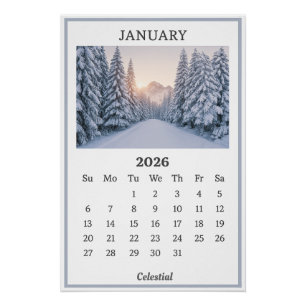 January 2026 Snowy Mountain Calendar Page  Poster