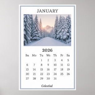 January 2026 Snowy Mountain Calendar Page  Poster