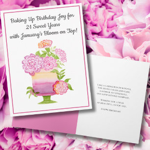 January 21th Birthday Cake Purple Carnations Card