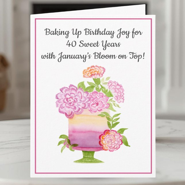 January 40th Birthday Cake Purple Carnations Card (Creator Uploaded)