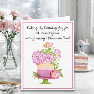 January 50th Birthday Cake Purple Carnations Card